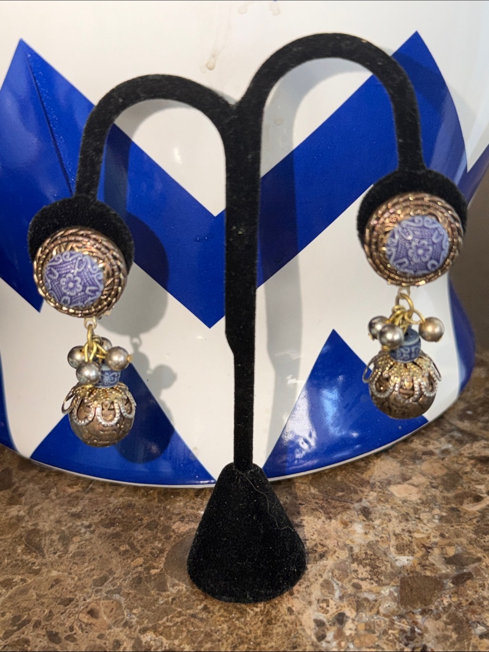 Elegant Purple blue with Gold Drop etched large balls and pearls clip style